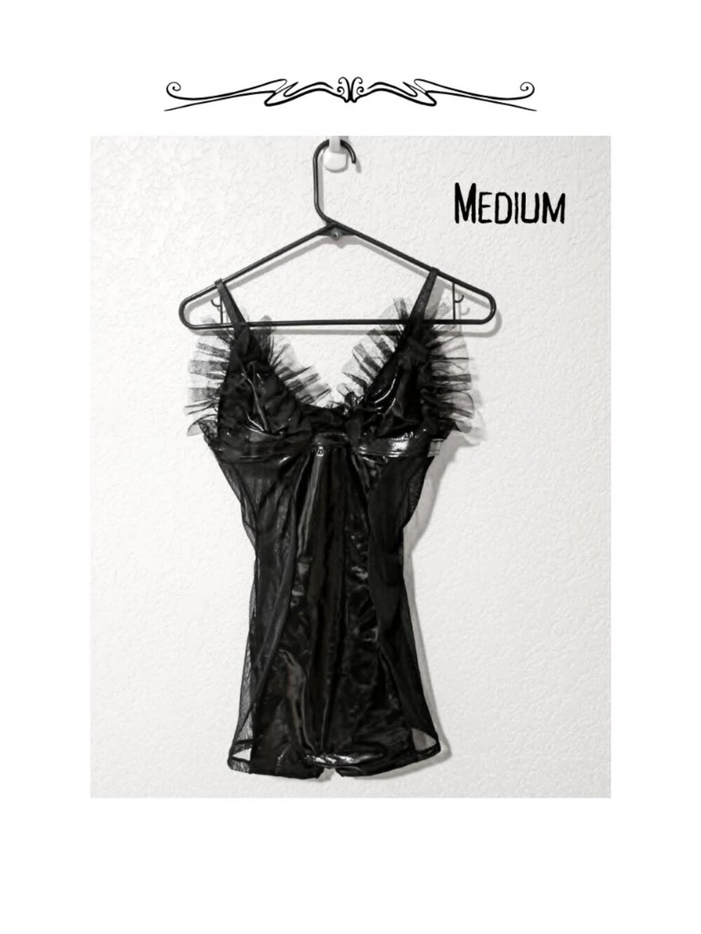 NWT Forplay Black Mesh PVC Goth Ruffle Teddy Bodysuit Romper Boudoir Fetish